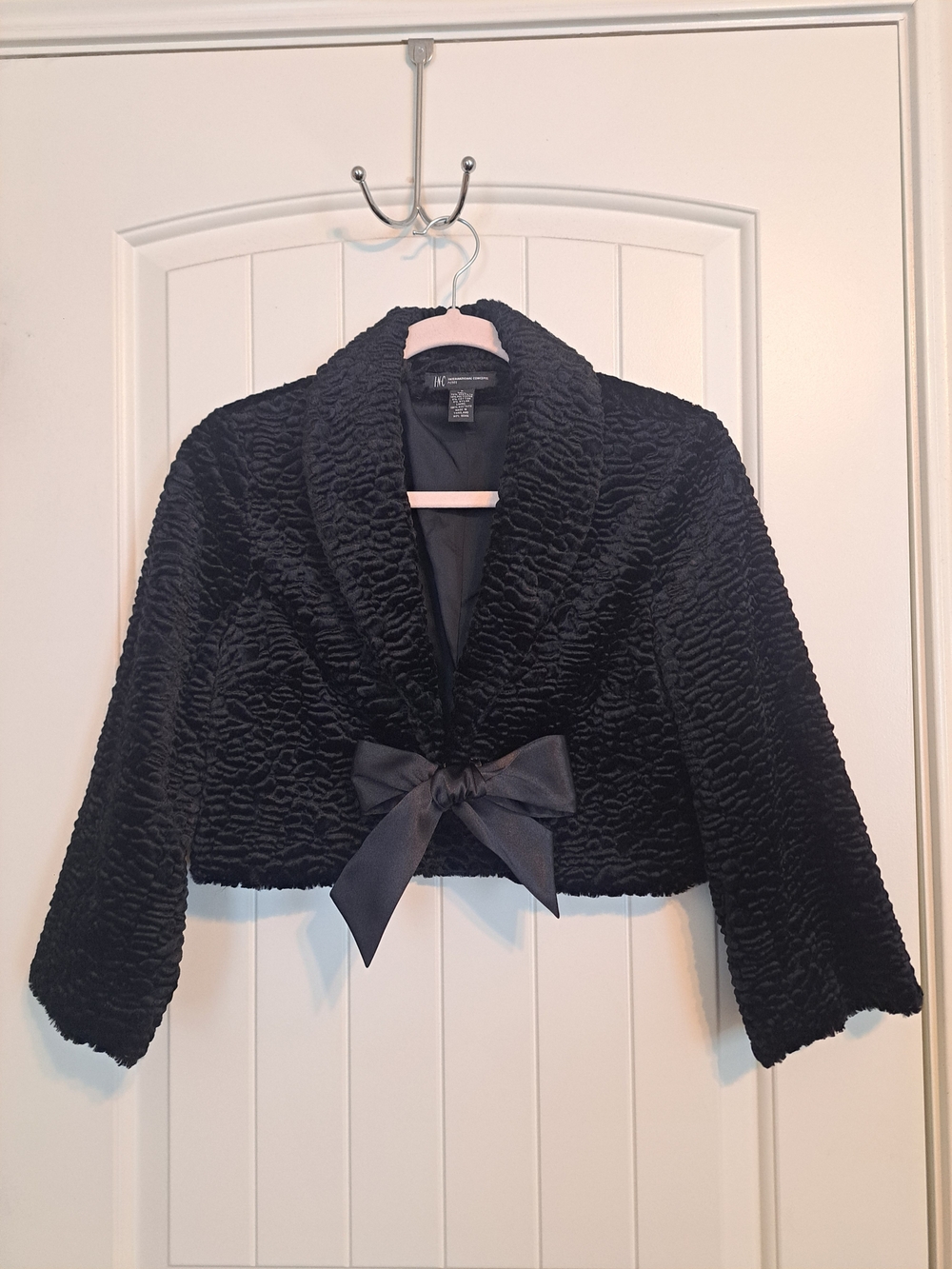 INC Black Textured Faux Fur Cropped Jacket Bow Closure Petite P